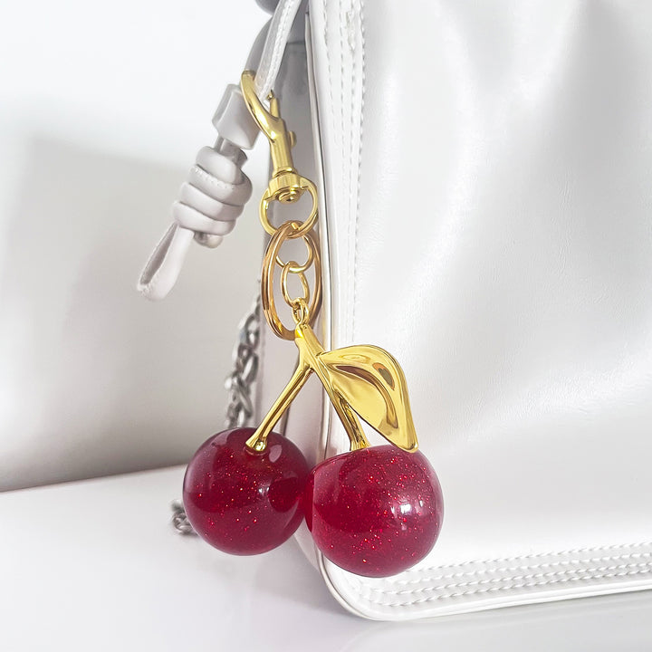 Keychain Bag Charm with Golden Shimmering Resin Cherries Hypoallergenic Steel Key Pendant Bag Wallet Accessory Image 8