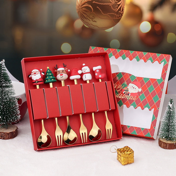 6Pcs/Set Christmas Fork Spoon Kit with Gift Box Food Grade Stainless Steel Xmas Charm Topper Long Handle Cutlery Image 1