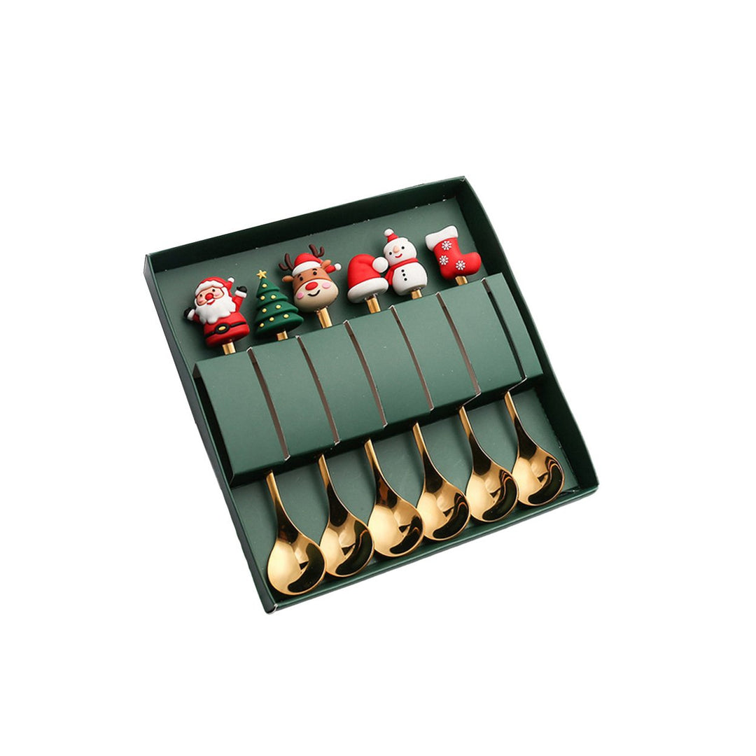 6Pcs/Set Christmas Fork Spoon Kit with Gift Box Food Grade Stainless Steel Xmas Charm Topper Long Handle Cutlery Image 7