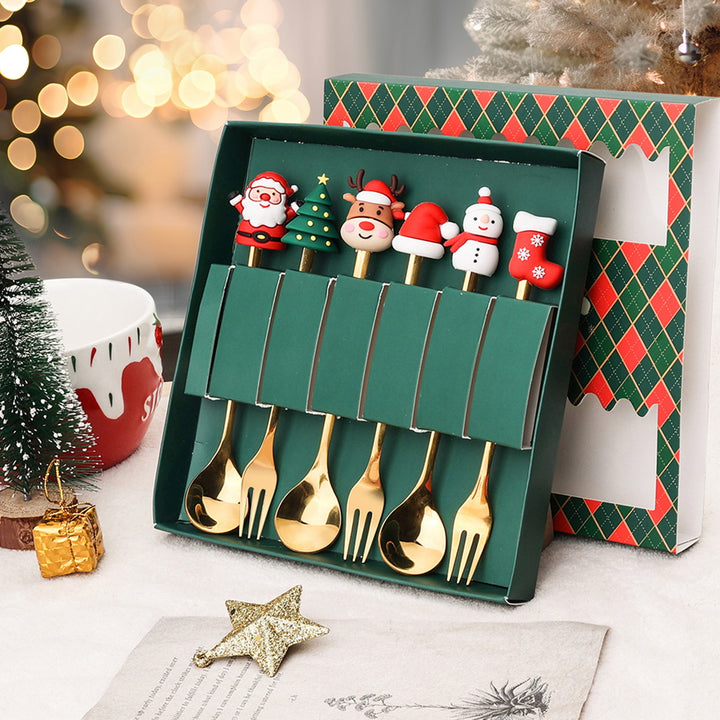 6Pcs/Set Christmas Fork Spoon Kit with Gift Box Food Grade Stainless Steel Xmas Charm Topper Long Handle Cutlery Image 8