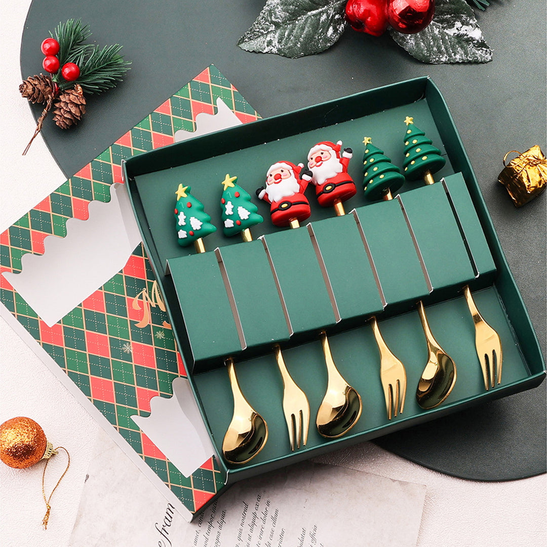 6Pcs/Set Christmas Fork Spoon Kit with Gift Box Food Grade Stainless Steel Xmas Charm Topper Long Handle Cutlery Image 9