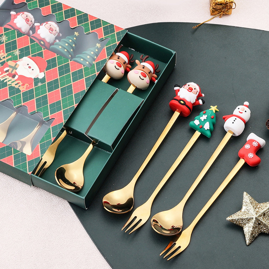 6Pcs/Set Christmas Fork Spoon Kit with Gift Box Food Grade Stainless Steel Xmas Charm Topper Long Handle Cutlery Image 10