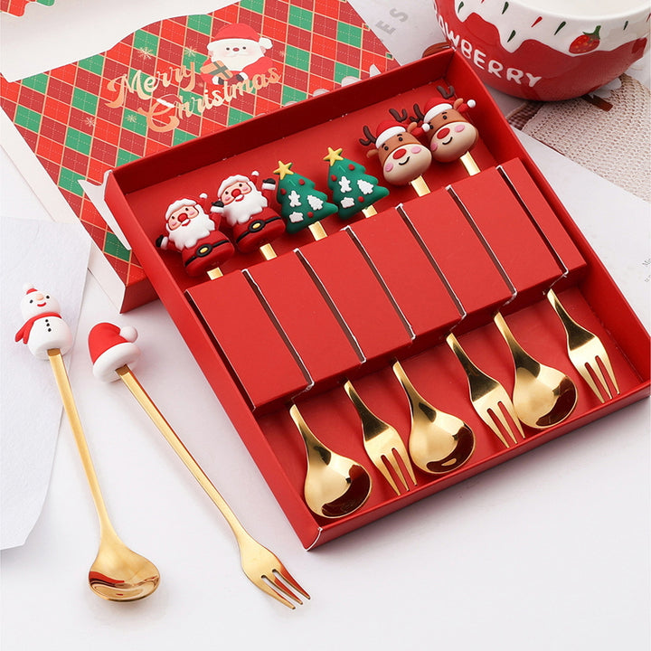 6Pcs/Set Christmas Fork Spoon Kit with Gift Box Food Grade Stainless Steel Xmas Charm Topper Long Handle Cutlery Image 12