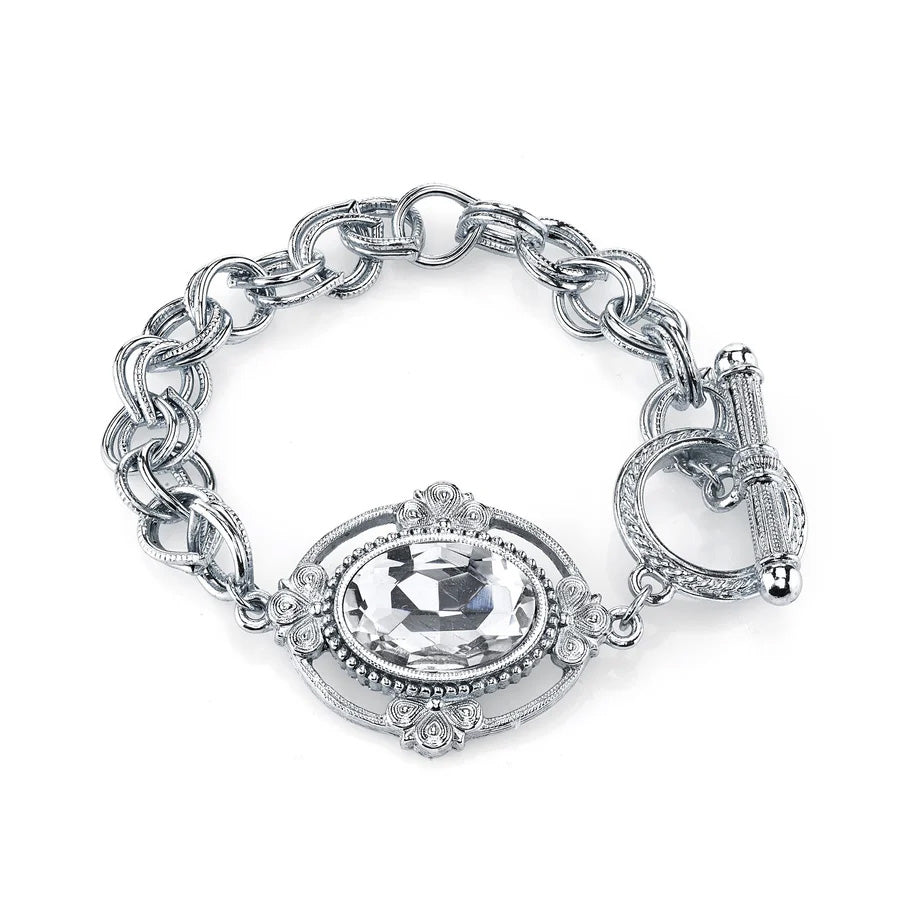 Womens Bracelet Fashion Jewelry Oval Lux Crystal Silver Toggle Link Bracelet Image 1