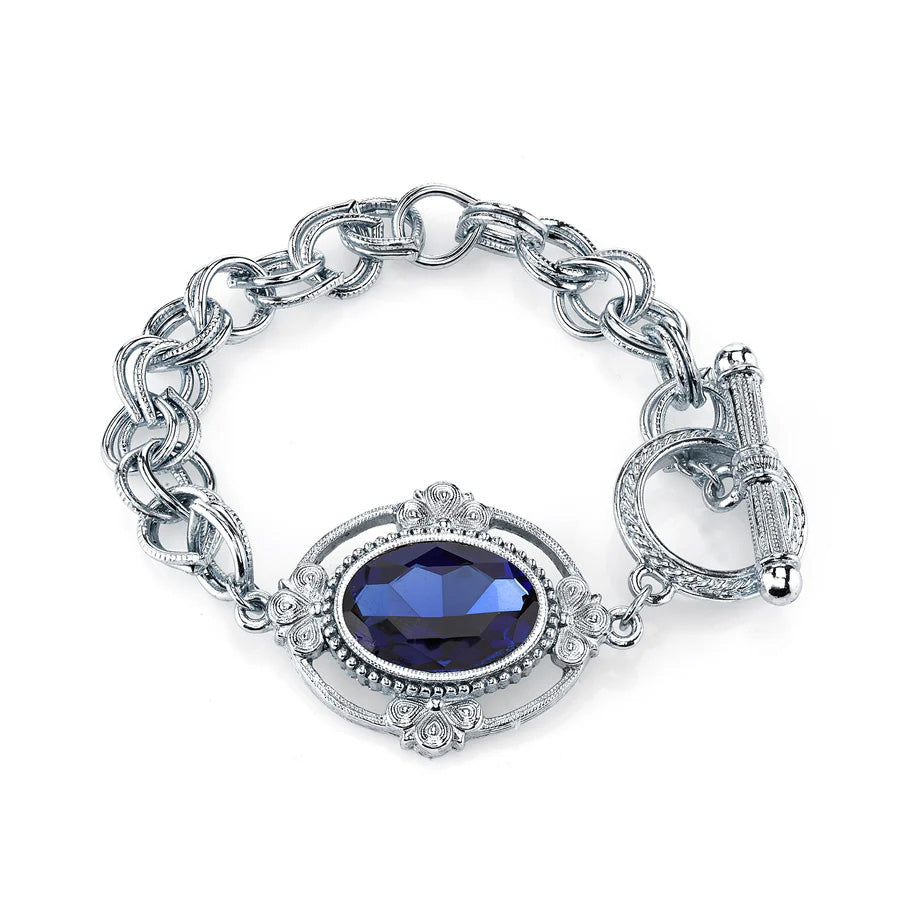 Womens Fashion Bracelet Blue Crystal Jewelry Oval Lux Crystal Silver Toggle Link Bracelet Image 1