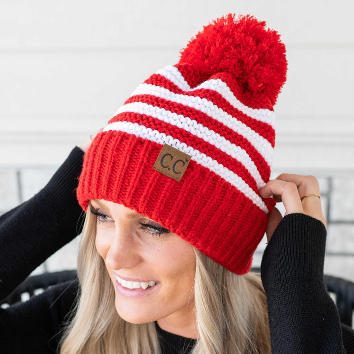 CC Chunky Knit Striped Pom Beanie Image 1