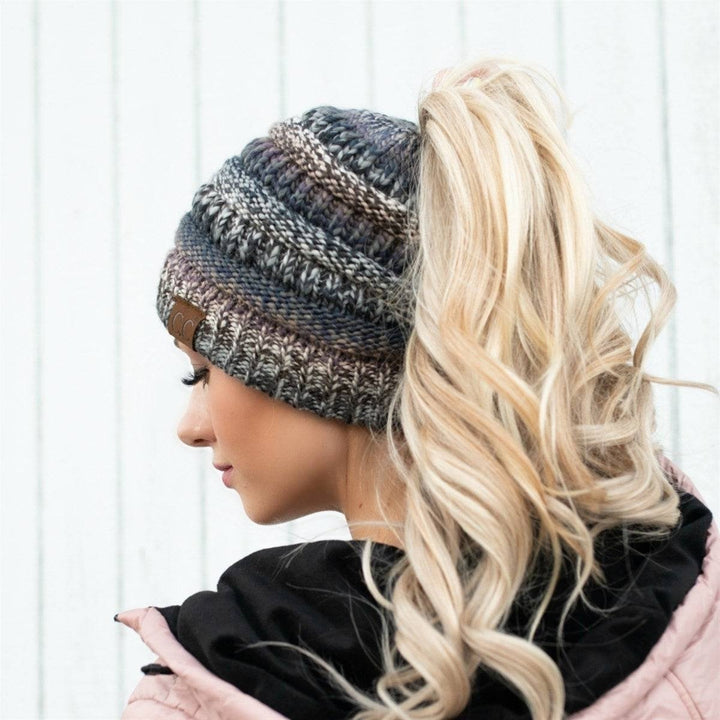 CC Bun/Pony Multi Colored Striped Beanie Image 10