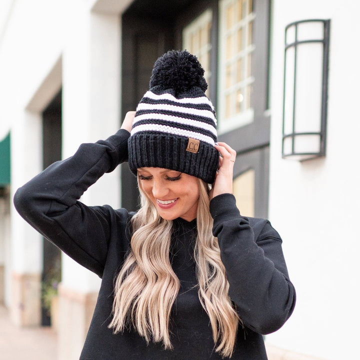 CC Chunky Knit Striped Pom Beanie Image 4