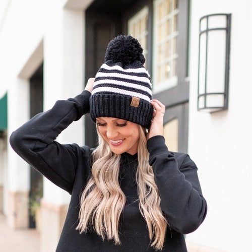 CC Chunky Knit Striped Pom Beanie Image 6