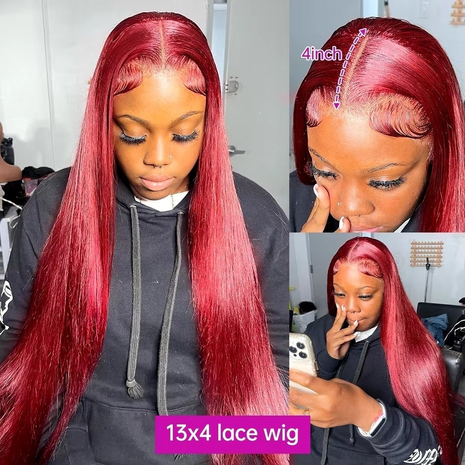 Bone Straight Lace Front 99J Color Human Hair Wigs Image 2