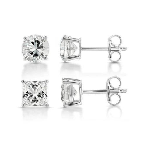 18k White Gold 2 Pair Moissanite Round and Princess Cut Stud Earrings Plated 6mm By Paris Jewelry Image 2