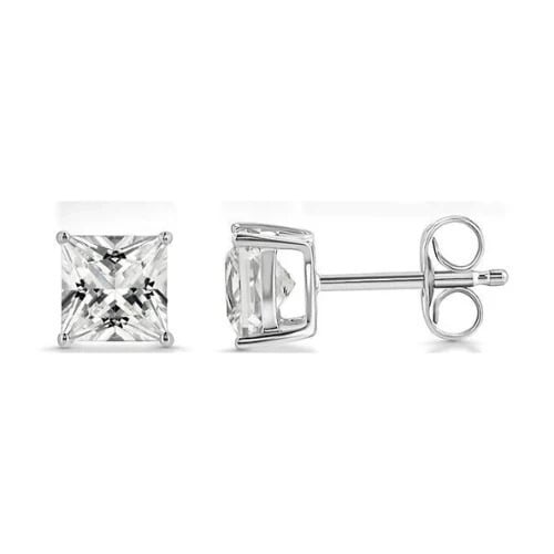 18k White Gold 2 Pair Moissanite Round and Princess Cut Stud Earrings Plated 6mm By Paris Jewelry Image 4