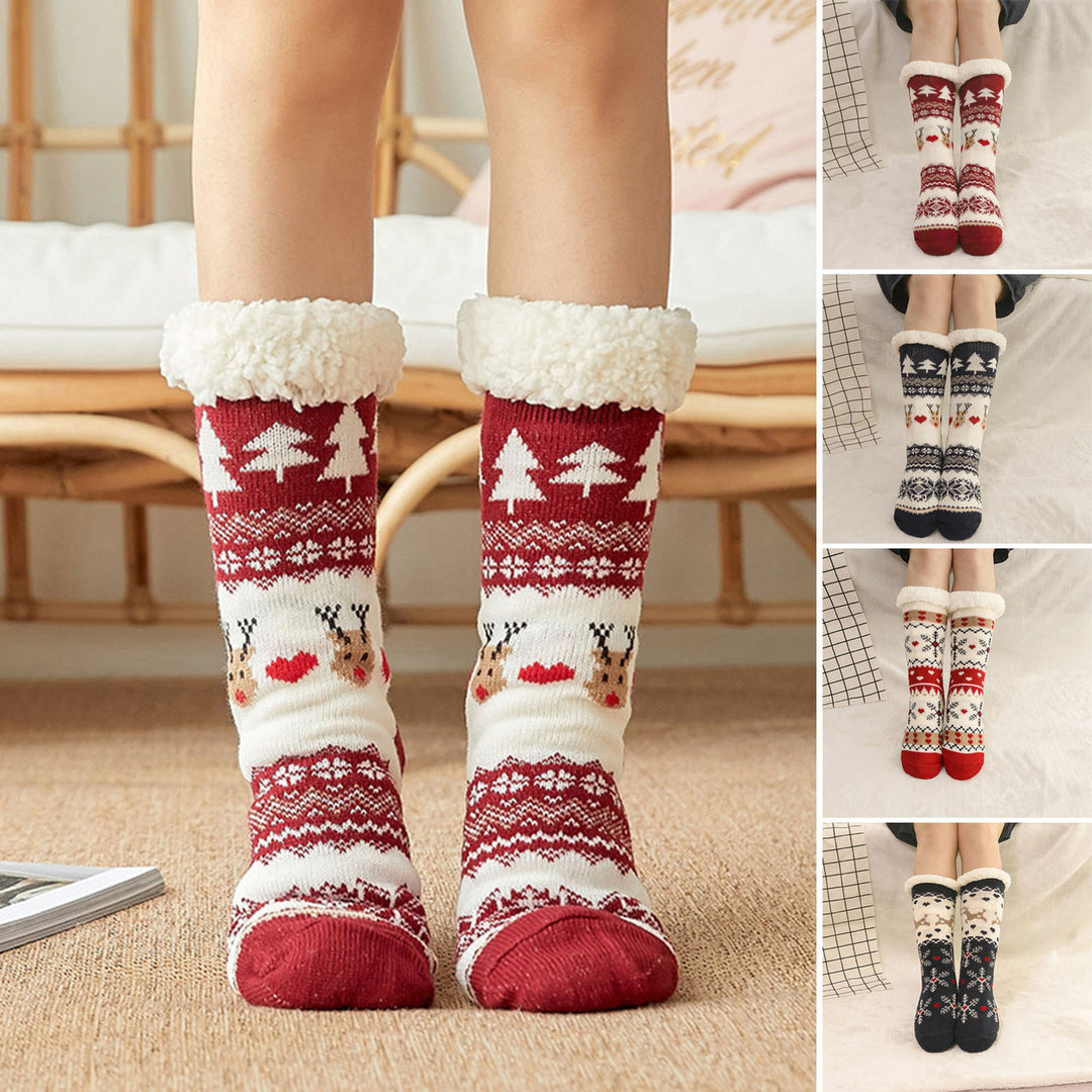 1 Pair Winter Floor Socks Thickened Fuzzy Plush Warmth Retention Christmas Leg Warmer Silicone Bottom Fall Winter Floor Image 1