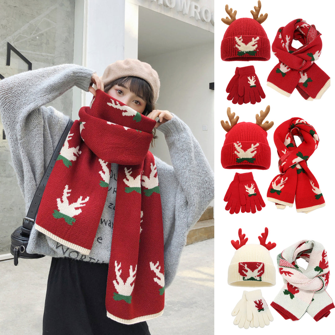 1 Set Year Hat Scarf Glove Set Thick Knitted Warm Cap Antler Print Gloves Ear Protection Windproof Winter Cycling Image 1