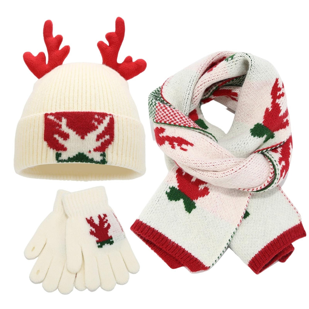 1 Set Year Hat Scarf Glove Set Thick Knitted Warm Cap Antler Print Gloves Ear Protection Windproof Winter Cycling Image 2