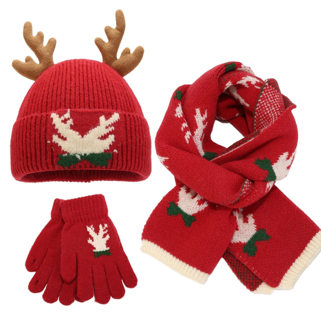 1 Set Year Hat Scarf Glove Set Thick Knitted Warm Cap Antler Print Gloves Ear Protection Windproof Winter Cycling Image 4