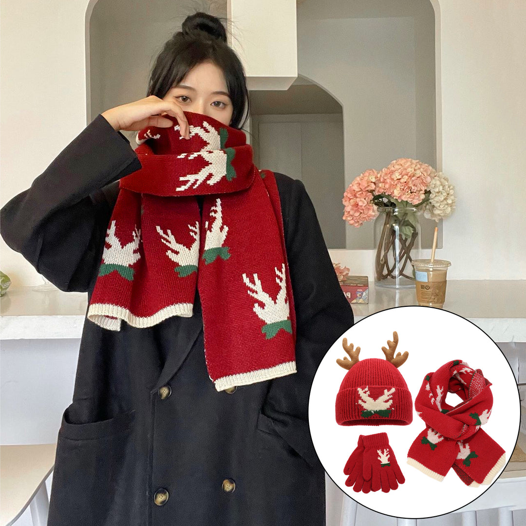 1 Set Year Hat Scarf Glove Set Thick Knitted Warm Cap Antler Print Gloves Ear Protection Windproof Winter Cycling Image 6