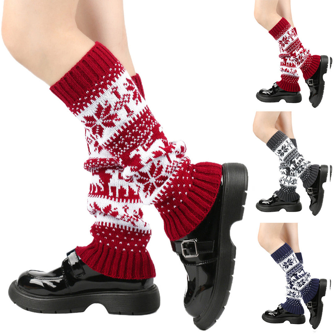 1 Pair Winter Calf Covers Knitted Anti-slip Christmas Style High Elasticity Elk Snowflake Jacquard Piled Socks Thickened Image 1