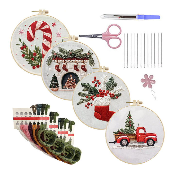 Christmas Embroidery Kit with Bamboo Hoop Threads Needles Scissors Threader Beginners Starter Cross Stitch Hand DIY Image 2