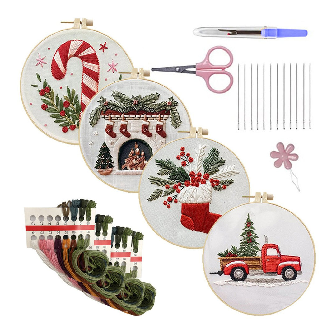 Christmas Embroidery Kit with Bamboo Hoop Threads Needles Scissors Threader Beginners Starter Cross Stitch Hand DIY Image 1