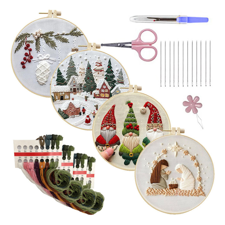 Christmas Embroidery Kit with Bamboo Hoop Threads Needles Scissors Threader Beginners Starter Cross Stitch Hand DIY Image 3