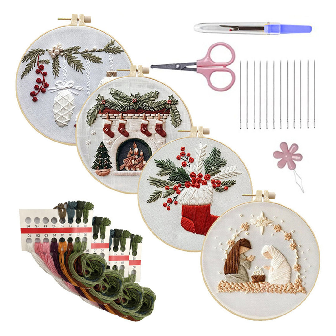 Christmas Embroidery Kit with Bamboo Hoop Threads Needles Scissors Threader Beginners Starter Cross Stitch Hand DIY Image 4