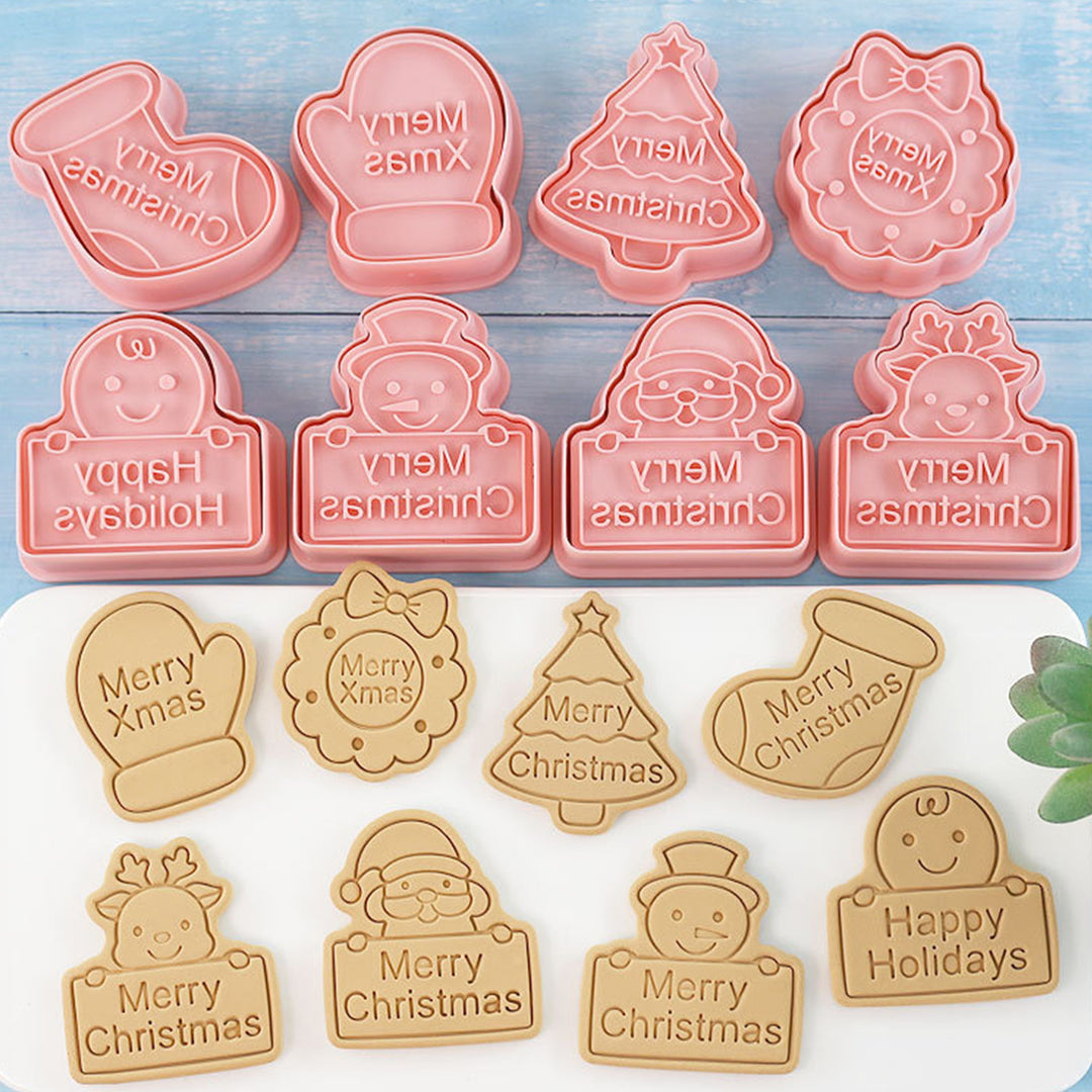 8Pcs Christmas Cookie Cutter Set 3D Mini Stamps for Baking DIY Press Molds Christmas Tree Snowman Santa Snowflake Merry Image 1