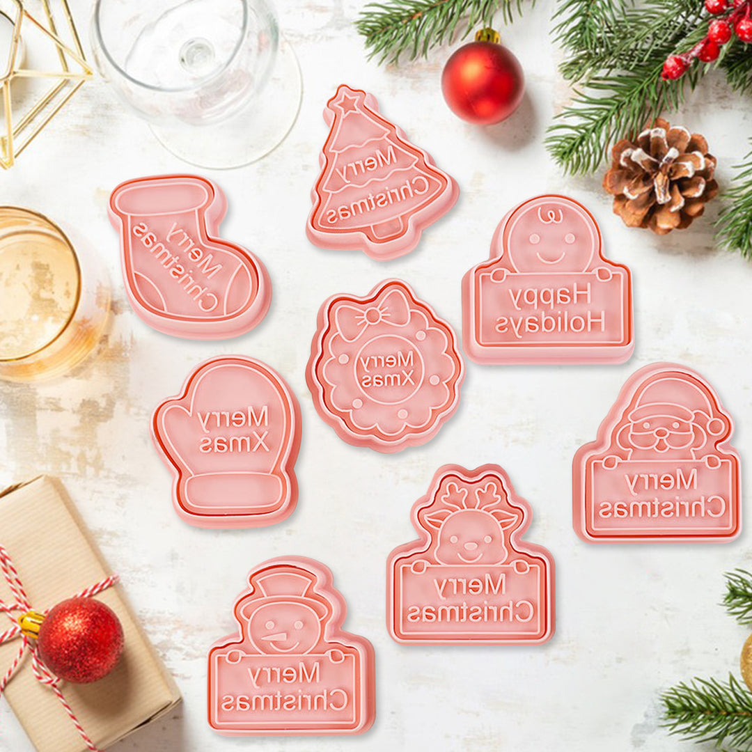 8Pcs Christmas Cookie Cutter Set 3D Mini Stamps for Baking DIY Press Molds Christmas Tree Snowman Santa Snowflake Merry Image 3