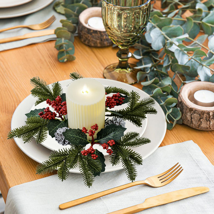 Festive Candle Ring Artificial Red Berries Pinecones Candle Garland Pine Needles Candle Wreath for Christmas Wedding Image 2