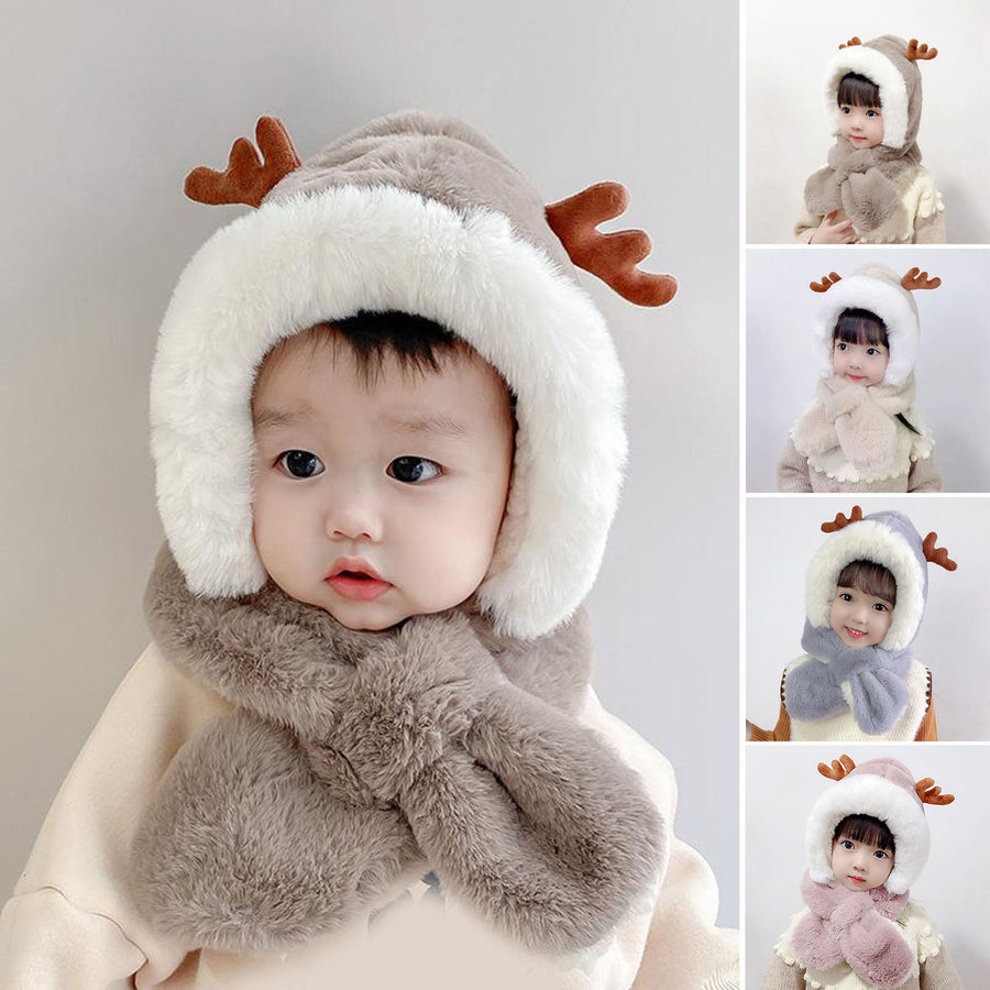 Children Winter Hat Antler Decor Soft Thick Plush Warm Color Ear Neck Head Protection Decorative Cross Integrated Hat Image 1