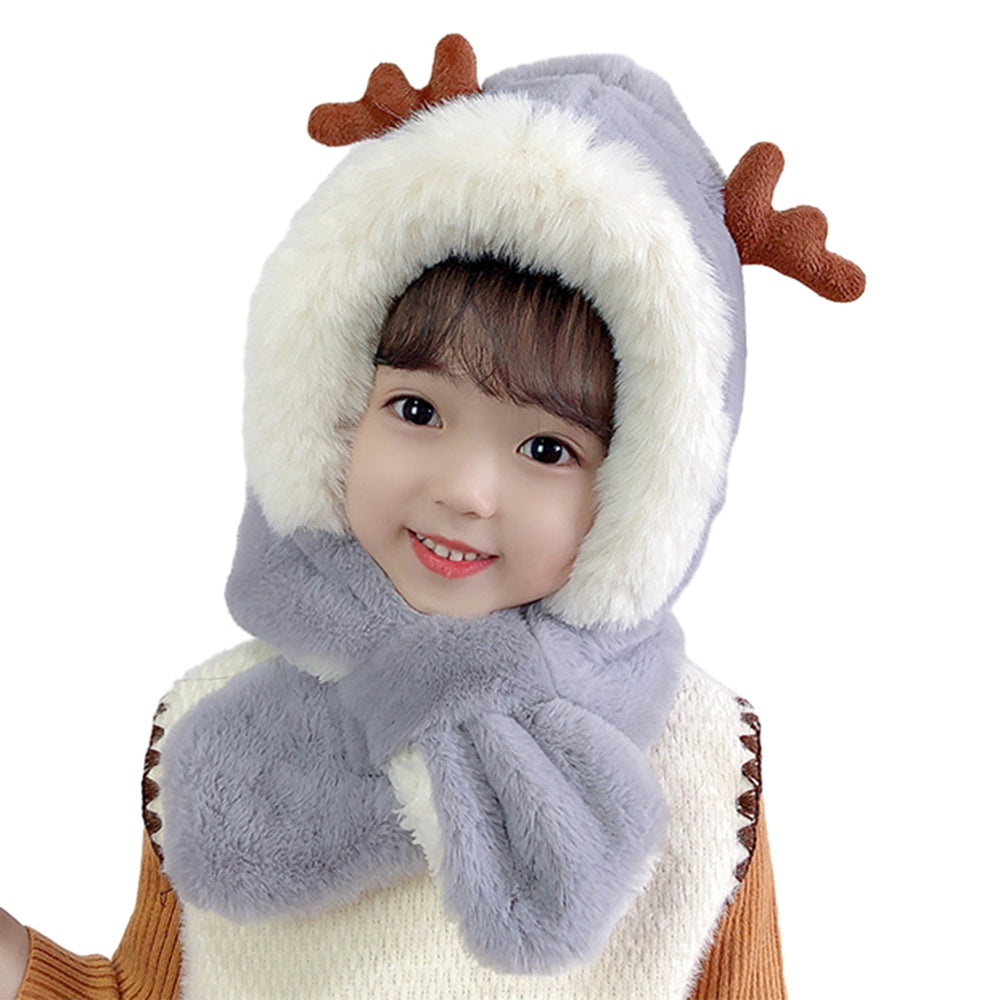 Children Winter Hat Antler Decor Soft Thick Plush Warm Color Ear Neck Head Protection Decorative Cross Integrated Hat Image 2