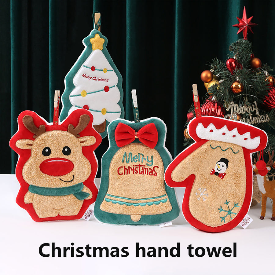 Christmas Hand Towel Santa Tree Bell Glove Snowman Elk Ultra Soft Thick Coral Fleece Hanging Loop Quick Drying Bathroom Image 1