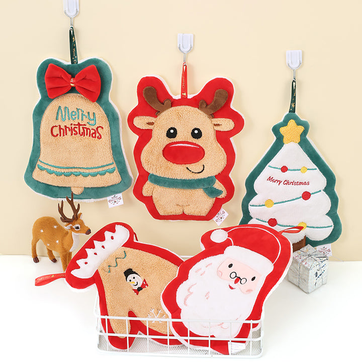 Christmas Hand Towel Santa Tree Bell Glove Snowman Elk Ultra Soft Thick Coral Fleece Hanging Loop Quick Drying Bathroom Image 6