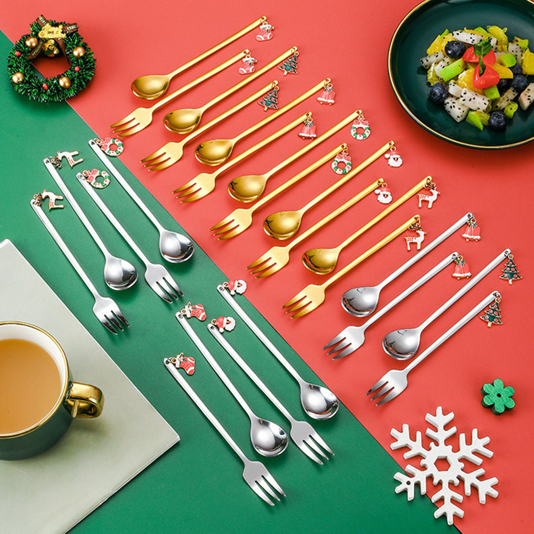 6 Pcs Christmas Dessert Forks Spoons Cartoon Pendant Decor Food Grade Coffee Spoon Stirring Spoons Ice Cream Tee Spoons Image 1