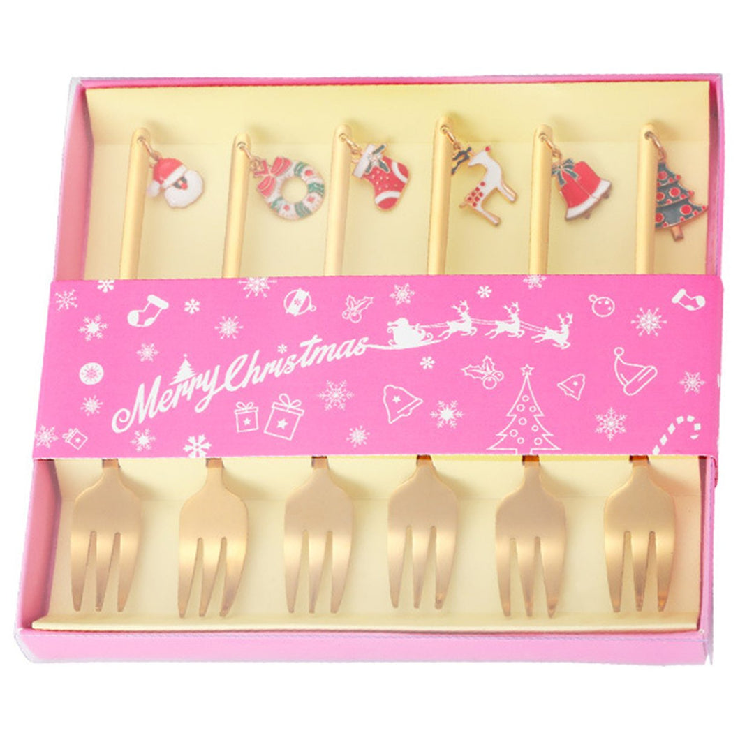 6 Pcs Christmas Dessert Forks Spoons Cartoon Pendant Decor Food Grade Coffee Spoon Stirring Spoons Ice Cream Tee Spoons Image 1