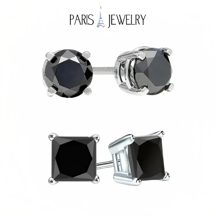 18k White Gold 2 Pair Black Moissanite Round and Princess Cut Stud Earrings Plated 6mm By Paris Jewelry Image 1