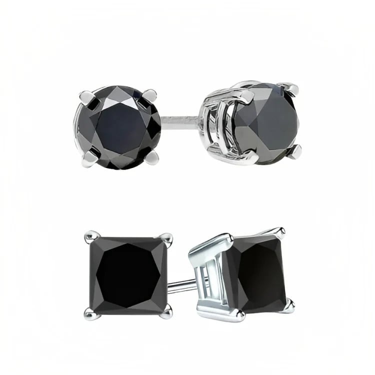 18k White Gold 2 Pair Black Moissanite Round and Princess Cut Stud Earrings Plated 6mm By Paris Jewelry Image 2