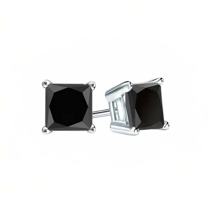 18k White Gold 2 Pair Black Moissanite Round and Princess Cut Stud Earrings Plated 6mm By Paris Jewelry Image 4