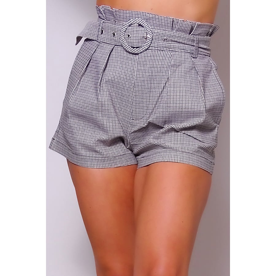 High Waisted Pleated and Belted Plaid Shorts Image 1