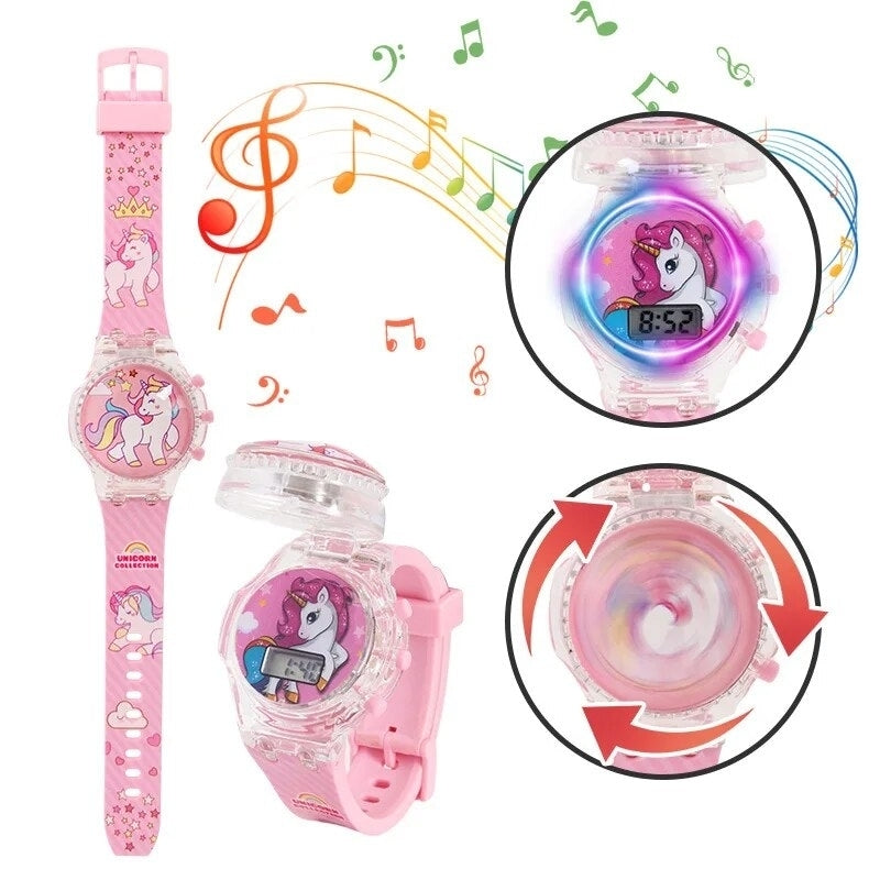 Fashion Creative Gyro Turntable Unicorn Light up Watch Students Watch Colorful Horse Light up Electronic Display Image 2