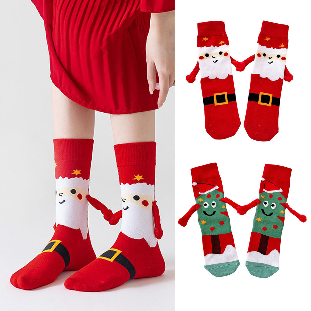 1 Pair Christmas Couple Socks Magnetic Hand-linking Festive Mid-tube Thick Warm Anti-slip Holiday Party Stockings Image 1