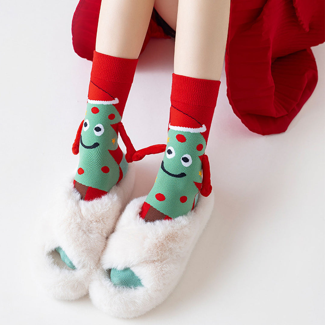 1 Pair Christmas Couple Socks Magnetic Hand-linking Festive Mid-tube Thick Warm Anti-slip Holiday Party Stockings Image 4