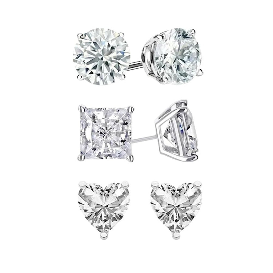 18k White Gold Moissanite 3 Pair Round Square And Heart Stud Earrings Plated 6mm By Paris Jewelry Image 1