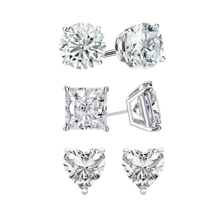 18k White Gold Moissanite 3 Pair Round Square And Heart Stud Earrings Plated 4mm By Paris Jewelry Image 1