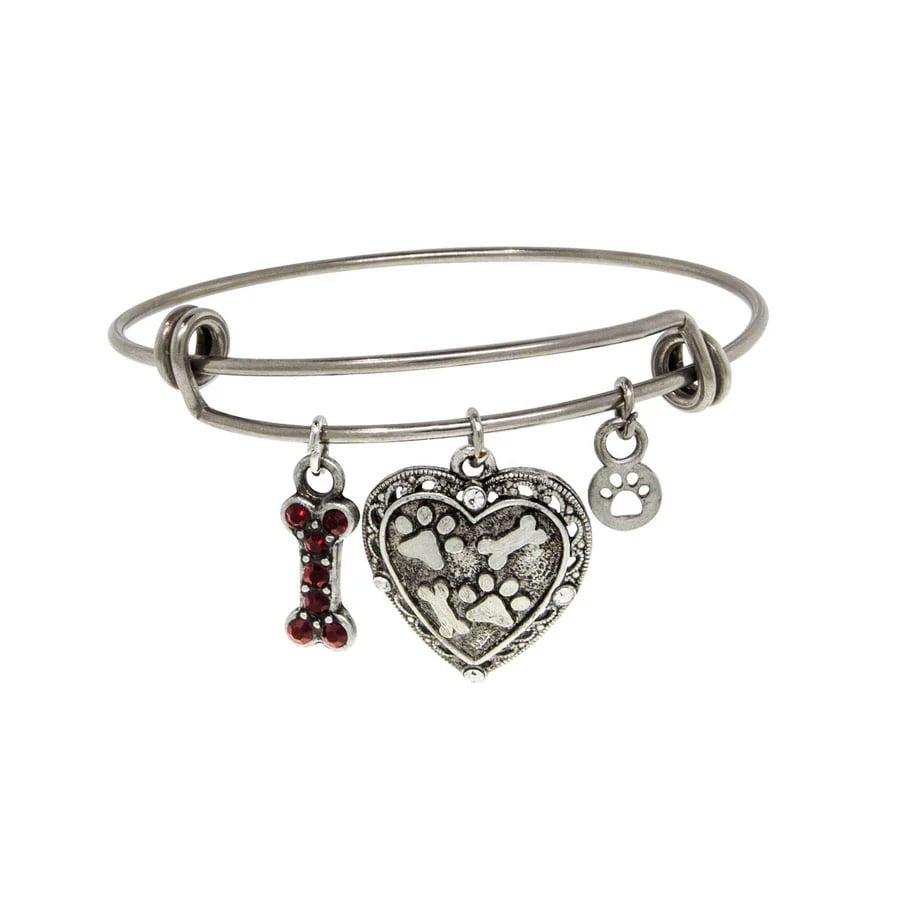 Womens Bracelet Silver Jewelry Pewter Heart Bone Paw Print Charm Bracelet Image 1