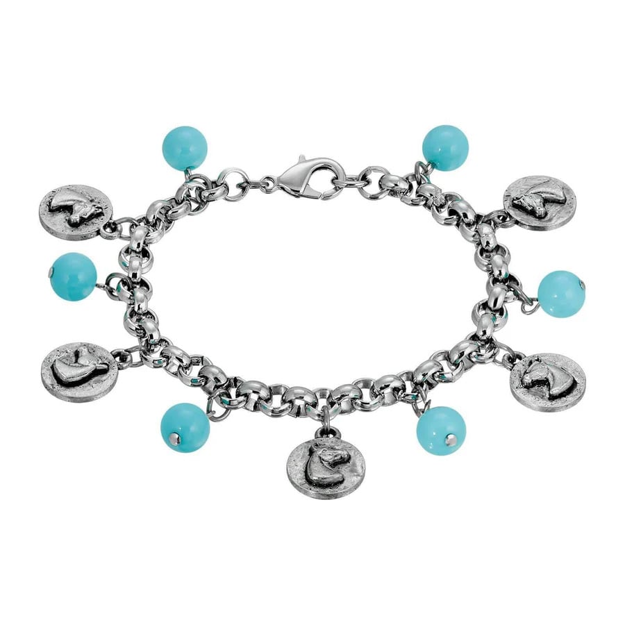 Womens Bracelet Silver Jewelry Southwest Turquoise Bead Horse Head Charm Link Bracelet Image 1