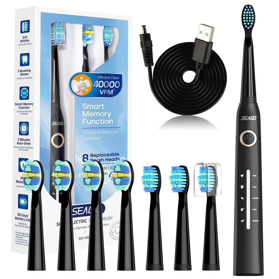 USB Rechargeable Sonic Electric Toothbrush with 8 Replacement Heads - Ultrasonic Teeth Cleaning Image 1