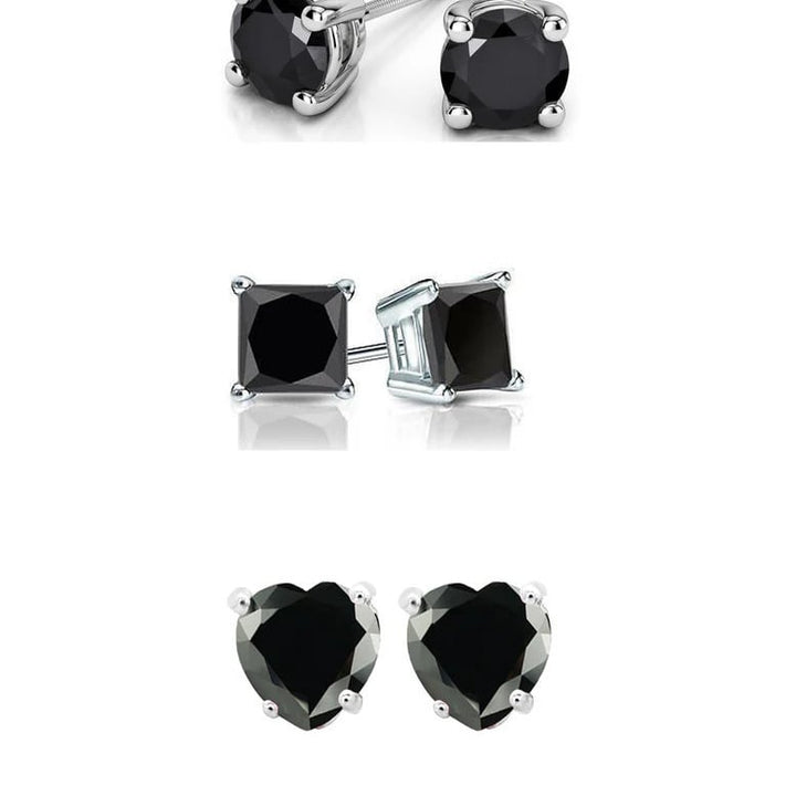 18k White Gold Black Moissanite 3 Pair Round Square And Heart Stud Earrings Plated 6mm By Paris Jewelry Image 1