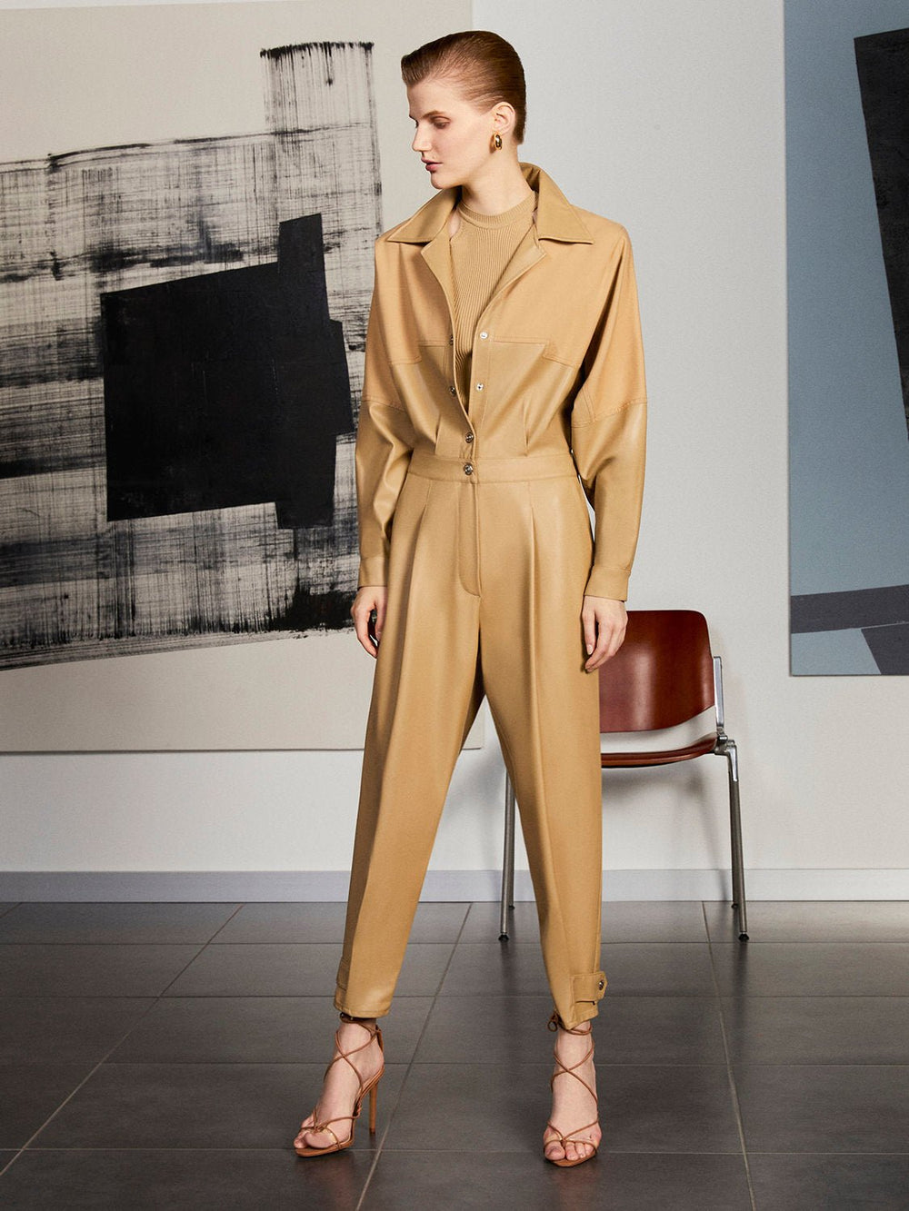 Lapel Collar Faux Leather Jumpsuit Image 2