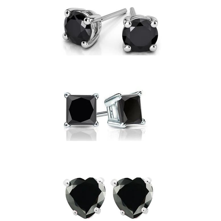 18k White Gold Black Moissanite 3 Pair Round Square And Heart Stud Earrings Plated 4mm By Paris Jewelry Image 1